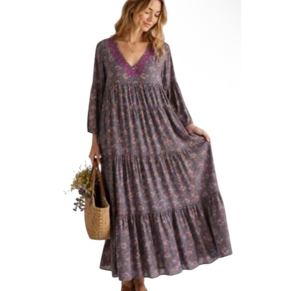 Natural Life L Charlotte Embroidered Midi Dress Peasant Floral Tiered Boho